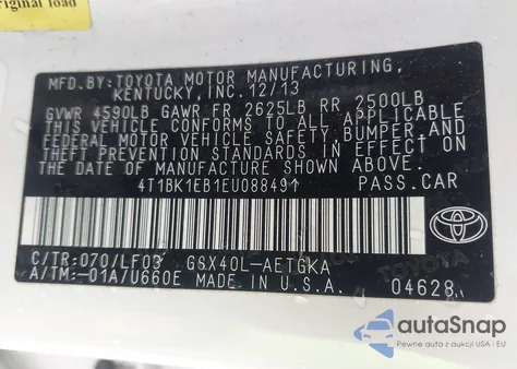 2014 Toyota Avalon Xle Premium из США, поврежденный, VIN 4T1BK1EB1EU088491